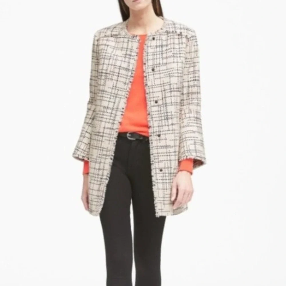 Banana Republic Womens Tweed Jacket Three Quarter Sleeve White Red‎ Black XS